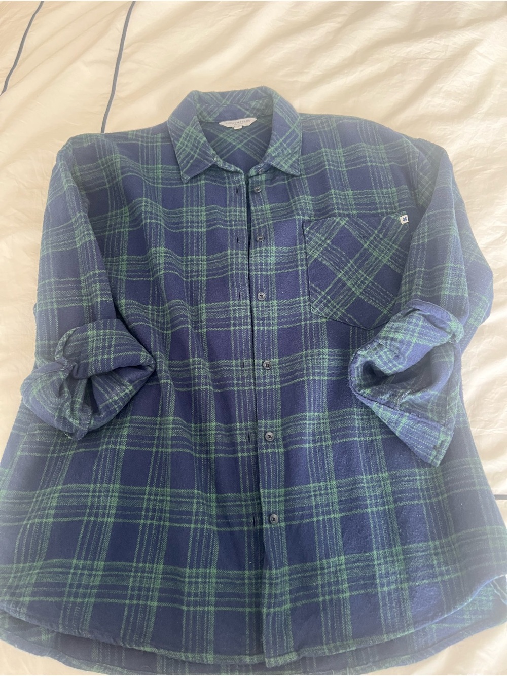 Navy and Green Plaid Button-Up Shirt